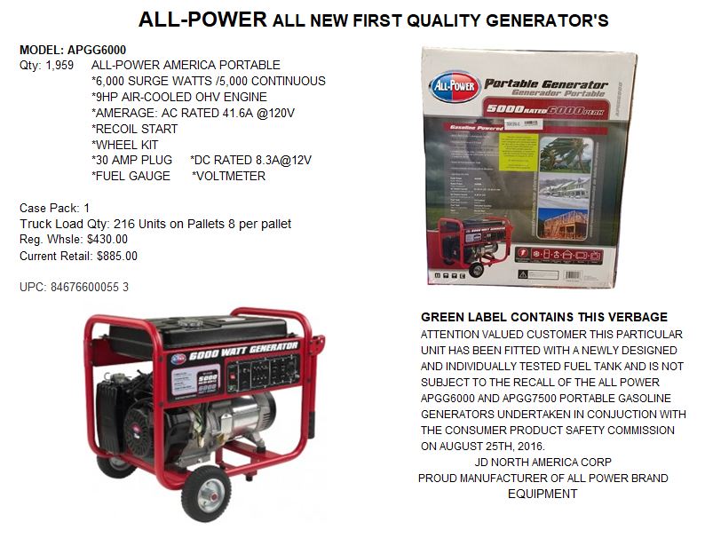 24411 - ALL POWER PORTABLE GENERATOR CLOSEOUT USA