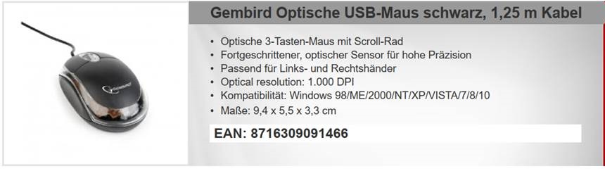 44301 - Gembird Optical USB Mouse Black Europe