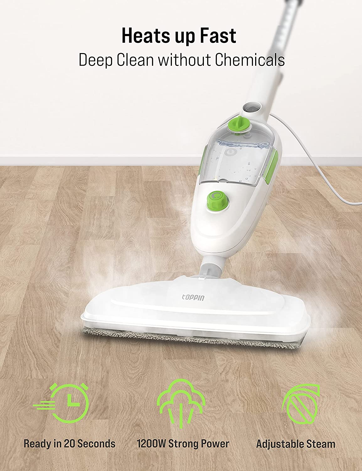48586 - TOPPIN Steam Mop - 10 in 1 Detachable Handheld Steam Cleaner with 2 Pads USA