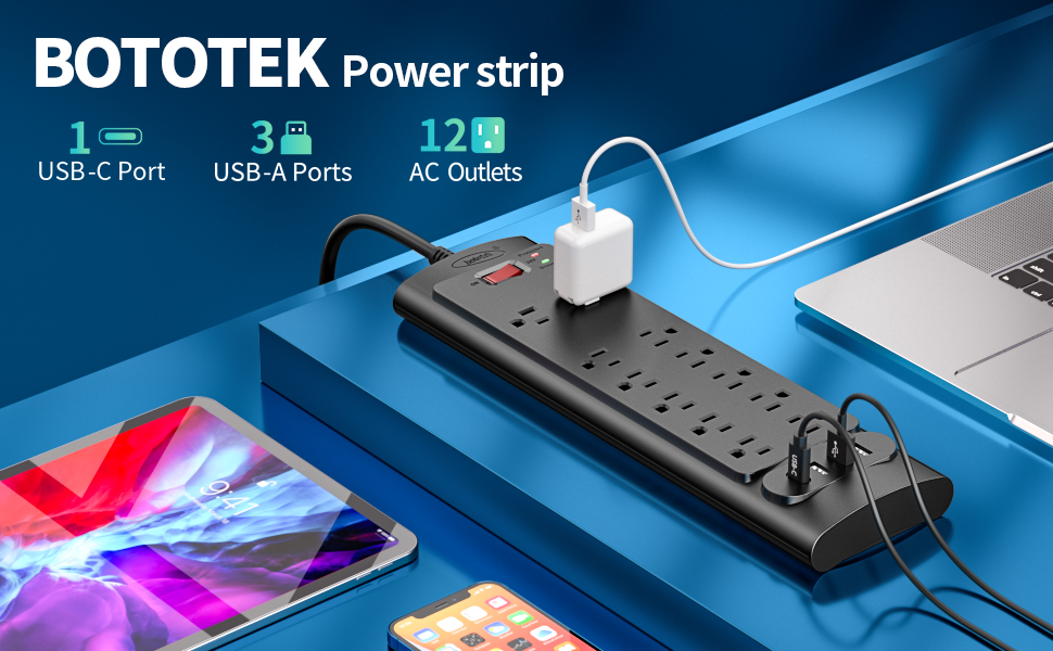 49377 - Bototek Surge Protector with Power Delivery12 Outlets and 4 USB Ports (1 USB-C, 3 USB-A) USA